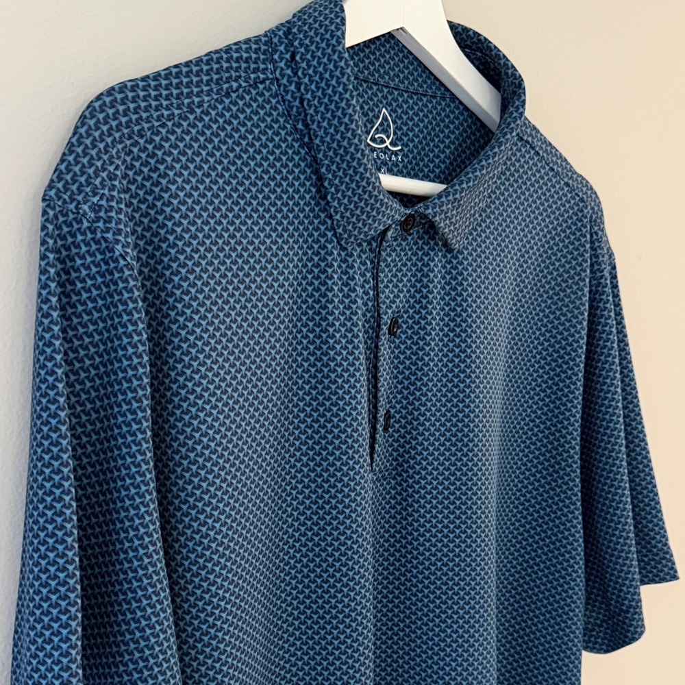 Deolax Men XL Blue Patterned Geometric Short Sleeve‎ Polo Golf Shirt - Picture 2 of 11